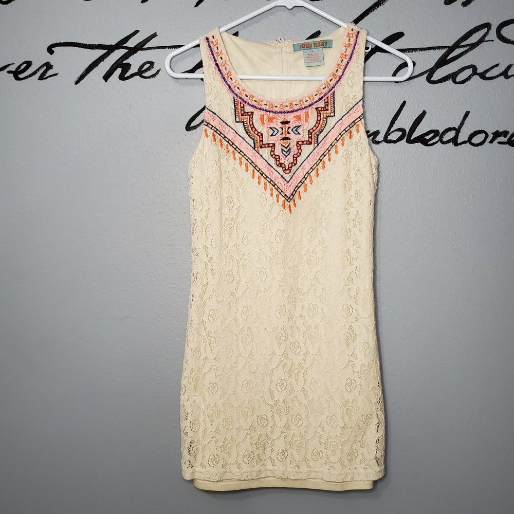 Flying Tomato Cream Overlay Lace Tunic Mini Dress, S